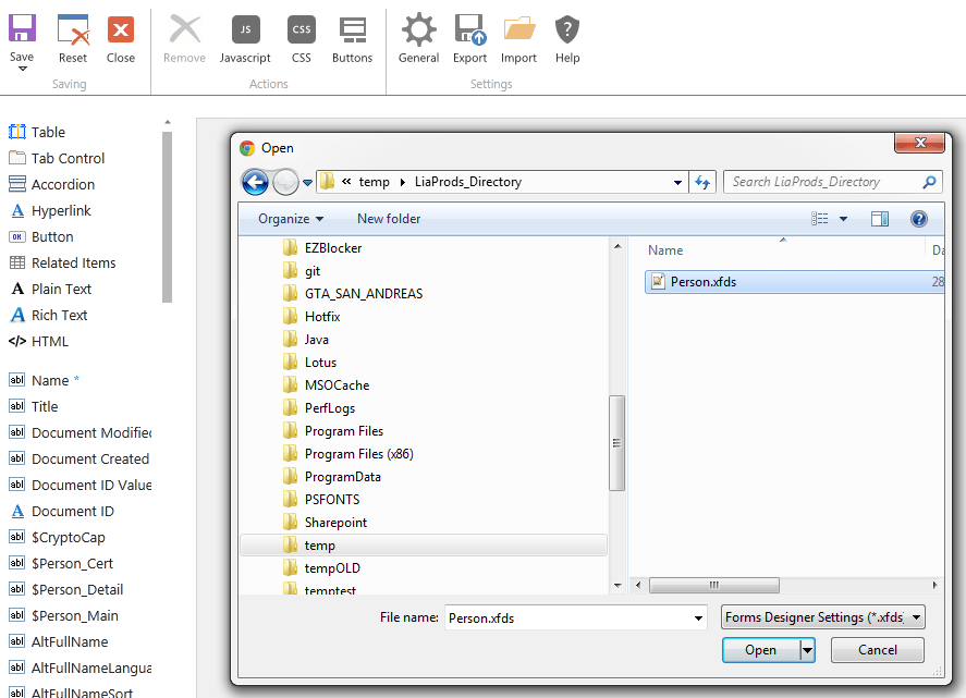 Open the SharePoint Forms Designer application