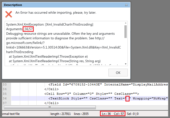 Error message of the import of an XFDS file
