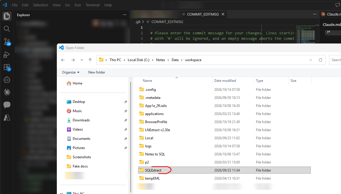 VS Code: File, Open Folder, and pick the on-disk project in the Domino Designer workspace (C:\Notes\Data\workspace).