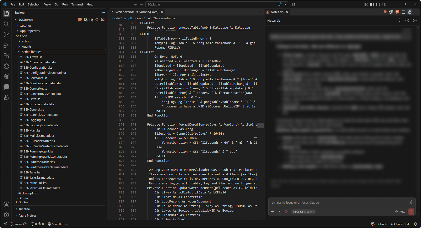 The Notes application design in VS Code: script libraries as .lss files on the left, LotusScript in the editor and Claude Code in the chat panel on the right.