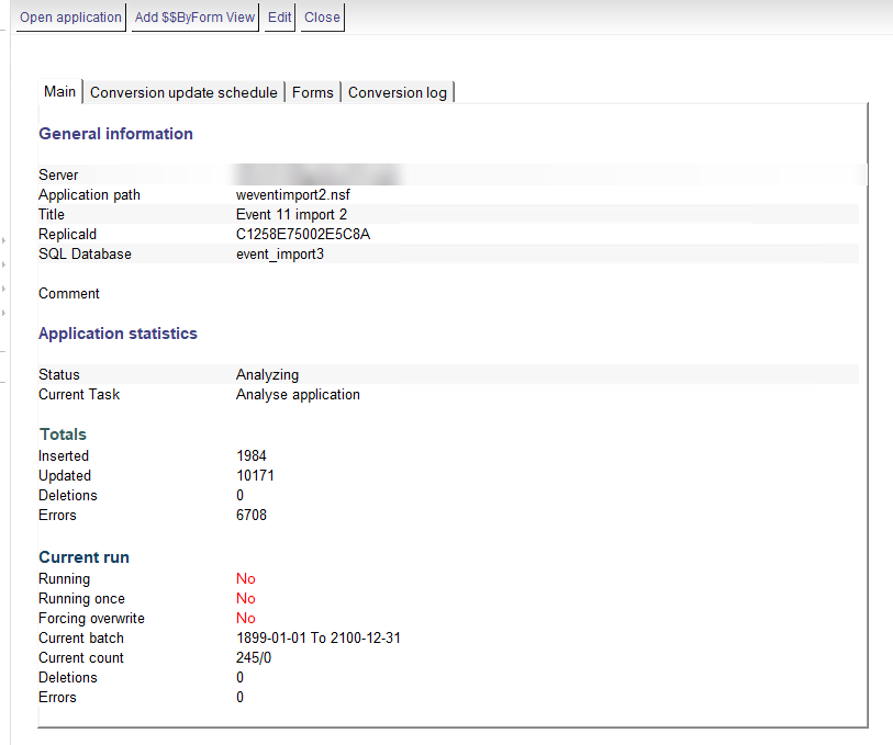 An application in SQLXtract: target Notes database, SQL database and the totals of the last run.