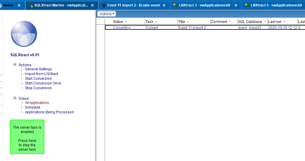 SQLXtract: the list of Notes applications that are filled from SQL, with the actions to import mappings and start or stop the conversion.