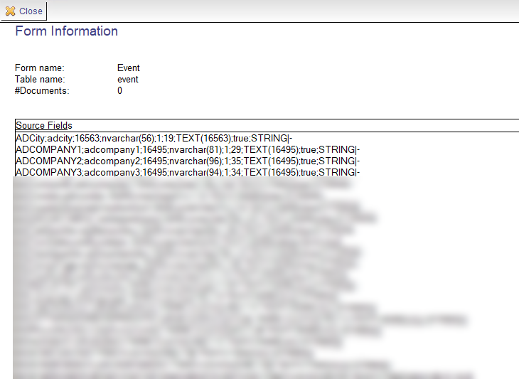 The field mapping per form: Notes field, SQL column, data type and multi-value settings, imported from Notes2SQL.
