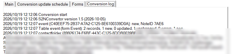 The conversion log: what was inserted, updated or skipped, and which mapped columns are missing in SQL.